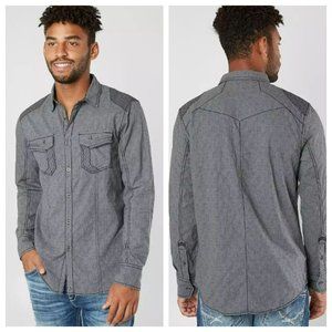 Buckle Black Mens Shirt Size XL Gray Thick Stitch Embroidered Collar Pockets